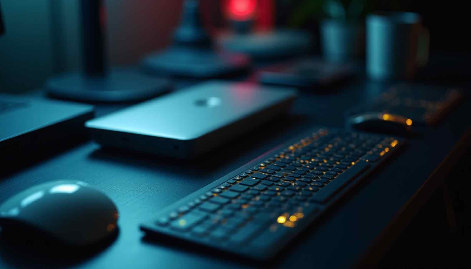 Dark analytical desk still life suggesting continuity heavy browser workflow